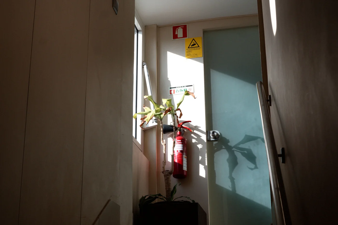 Escalera interior de un edificio residencial con un extintor junto a la ventana; fotografía de Cannon Taler en Pexels.